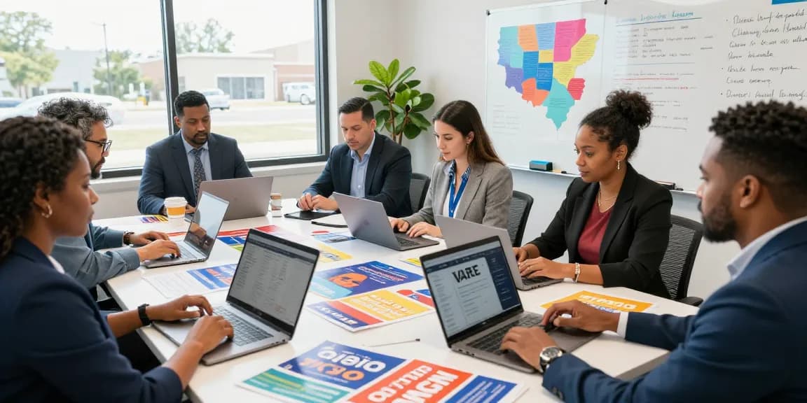 State legislature campaign marketing team strategizing with voter data in a dynamic office.