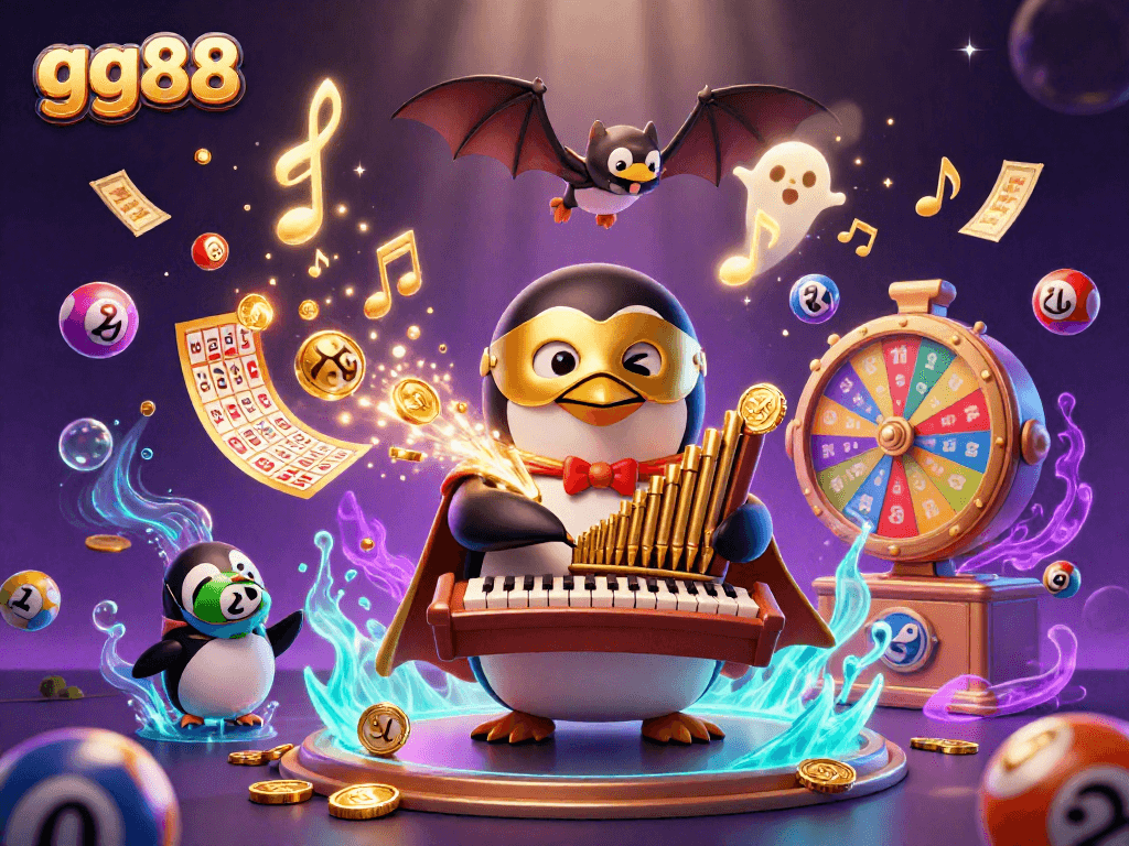 Engage with the thrilling gg88 app as the penguin plays and golden coins rain down in a vibrant casino scene.