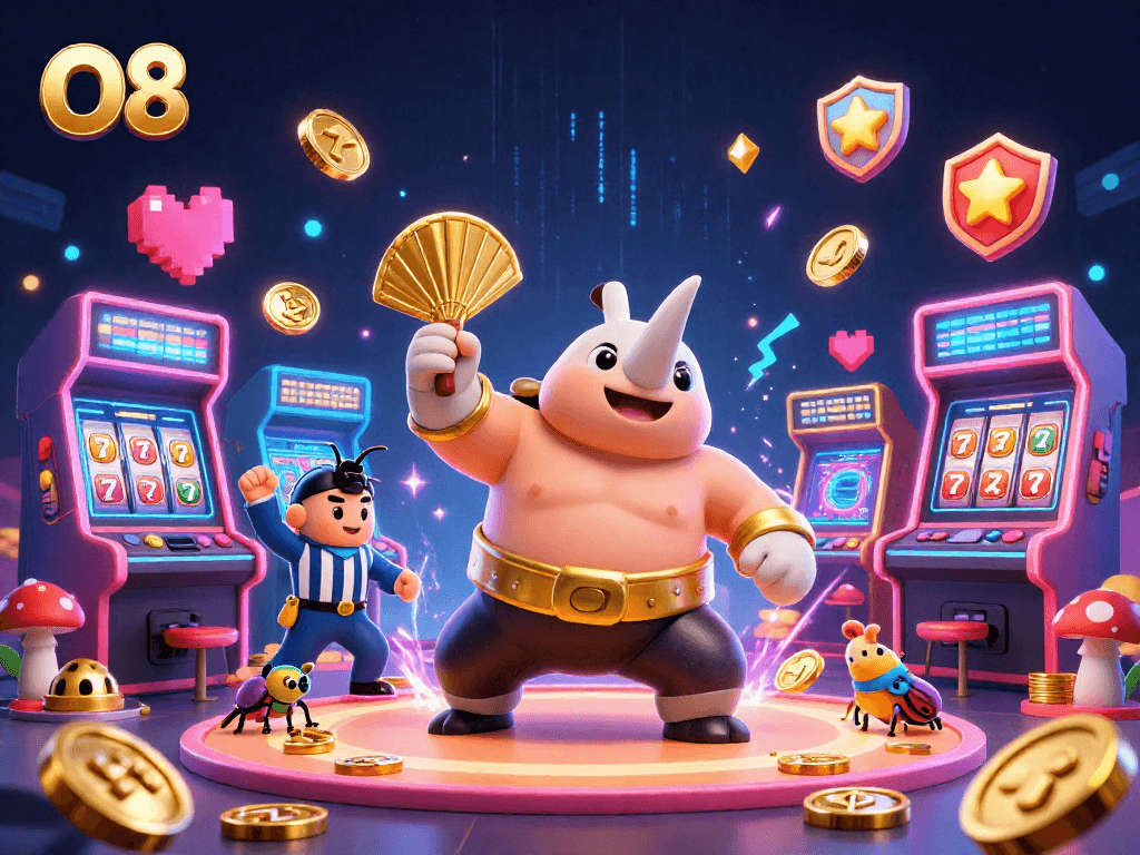 O8 slot scene featuring a rhinoceros beetle champion and gaming machines amidst flying coins.