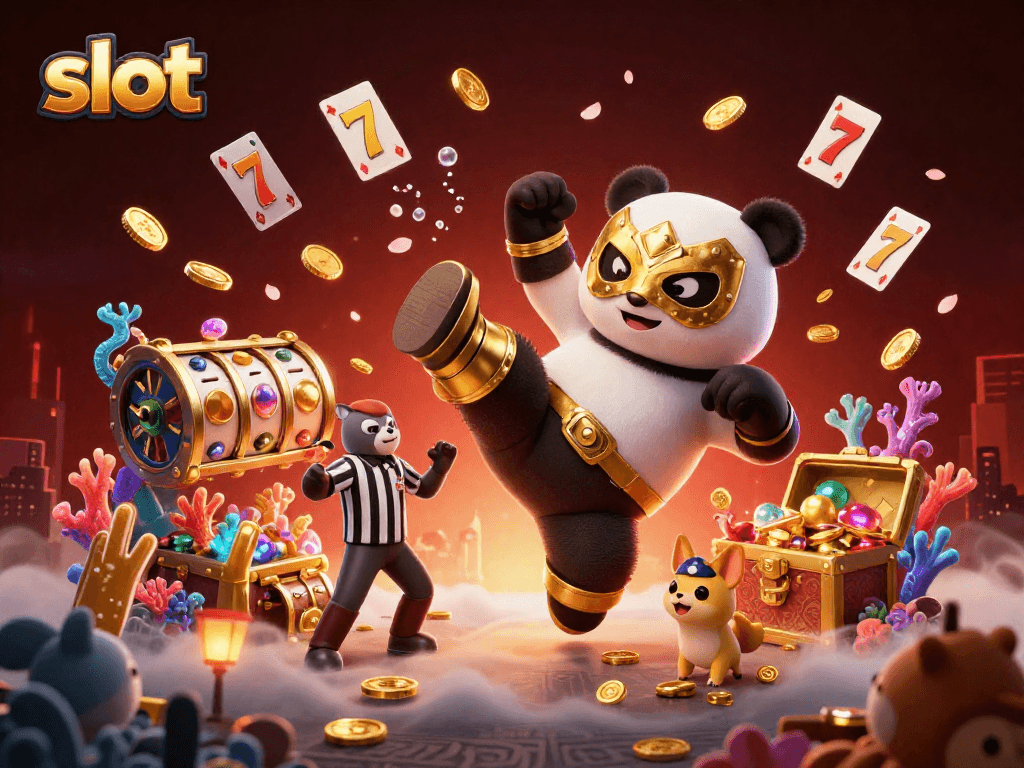 Experience exhilarating slot action with a panda wrestler's flying kick amidst gold coins and gems.
