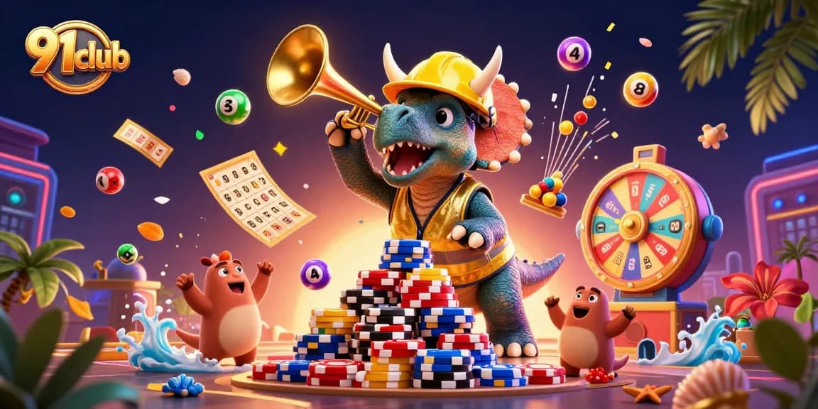 Win at 91club with a lively scene of characters celebrating gaming victories with colorful elements.