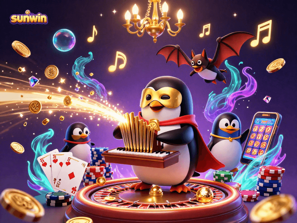 Win big with sunwin as you explore a vibrant casino scene filled with golden coins and excitement.
