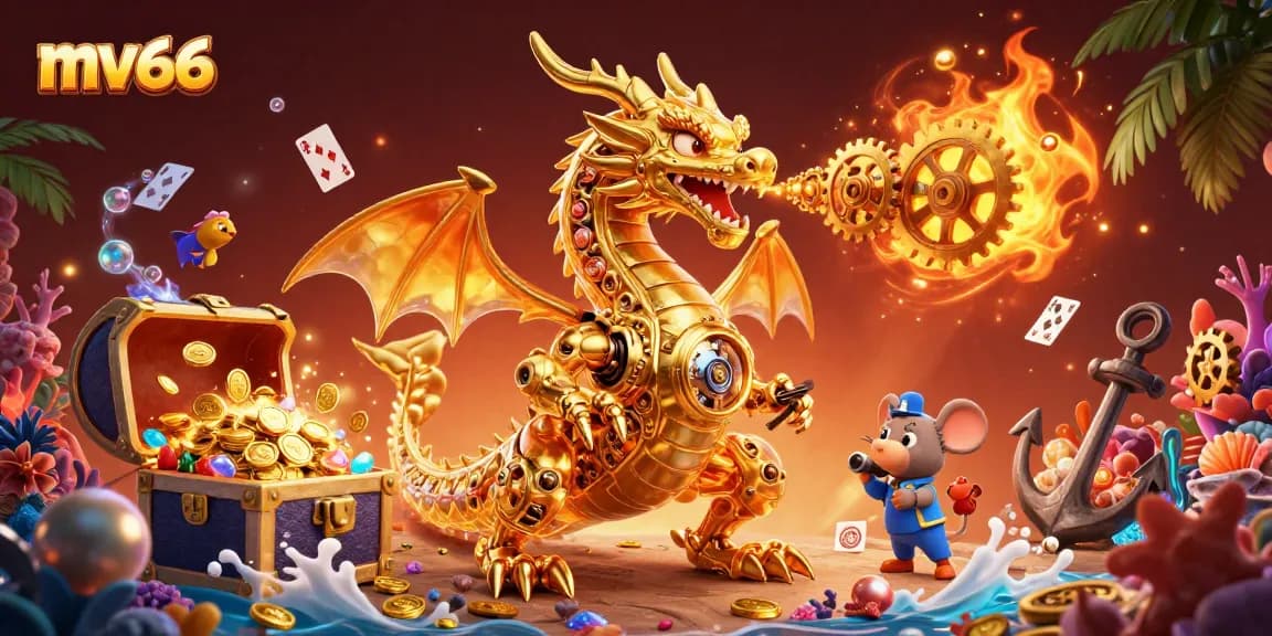 Engage in exciting play with MV66 through a unique scene of a golden dragon amidst casino-themed treasures.