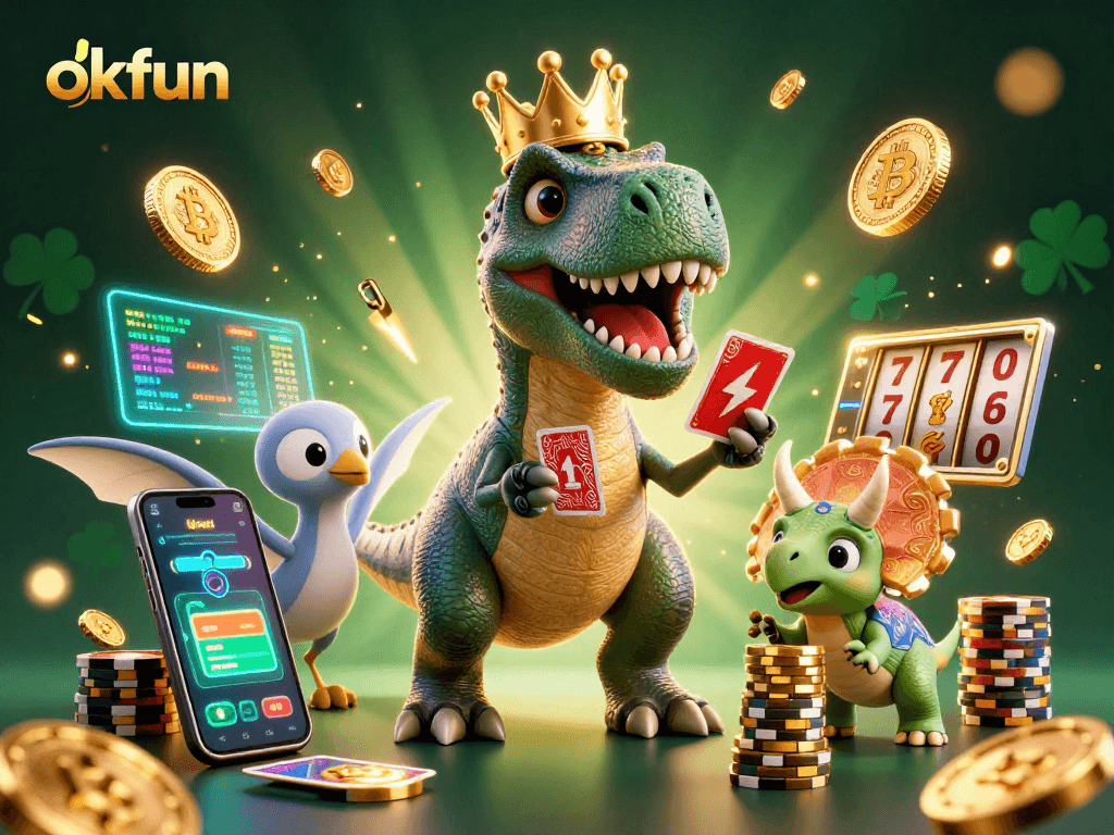 Experience thrilling fun at okfun with a playful T-Rex card shuffling in an exciting casino atmosphere.