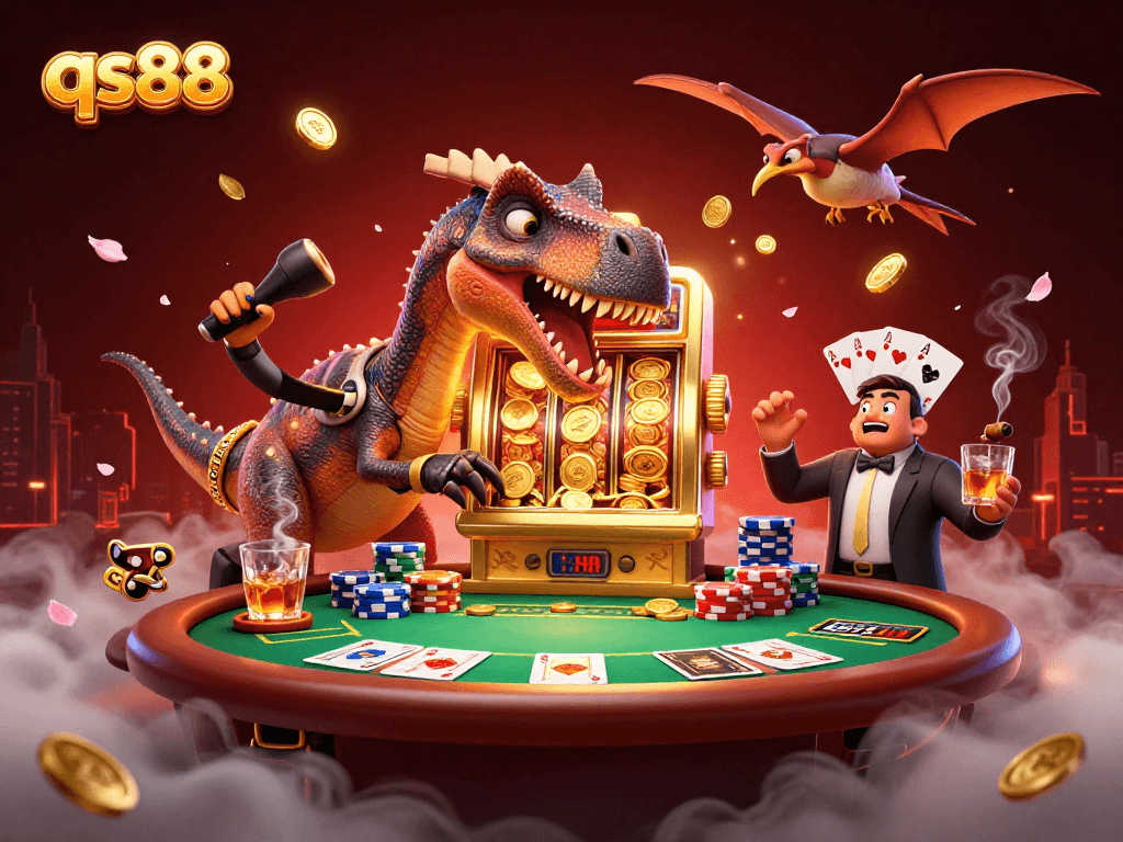 qs88's pachycephalosaurus celebrating a jackpot payout from a slot machine amidst casino chaos