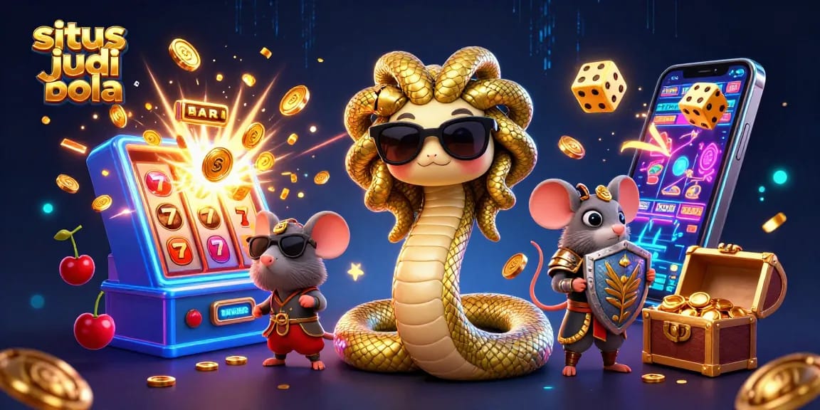 Experience thrilling gameplay at situs judi bola as Medusa and a mouse celebrate a jackpot.