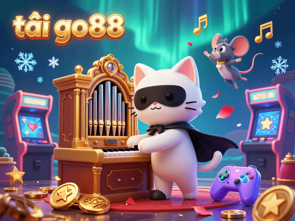 Join the fun with tải go88 as whimsical characters celebrate at a vibrant casino arcade.