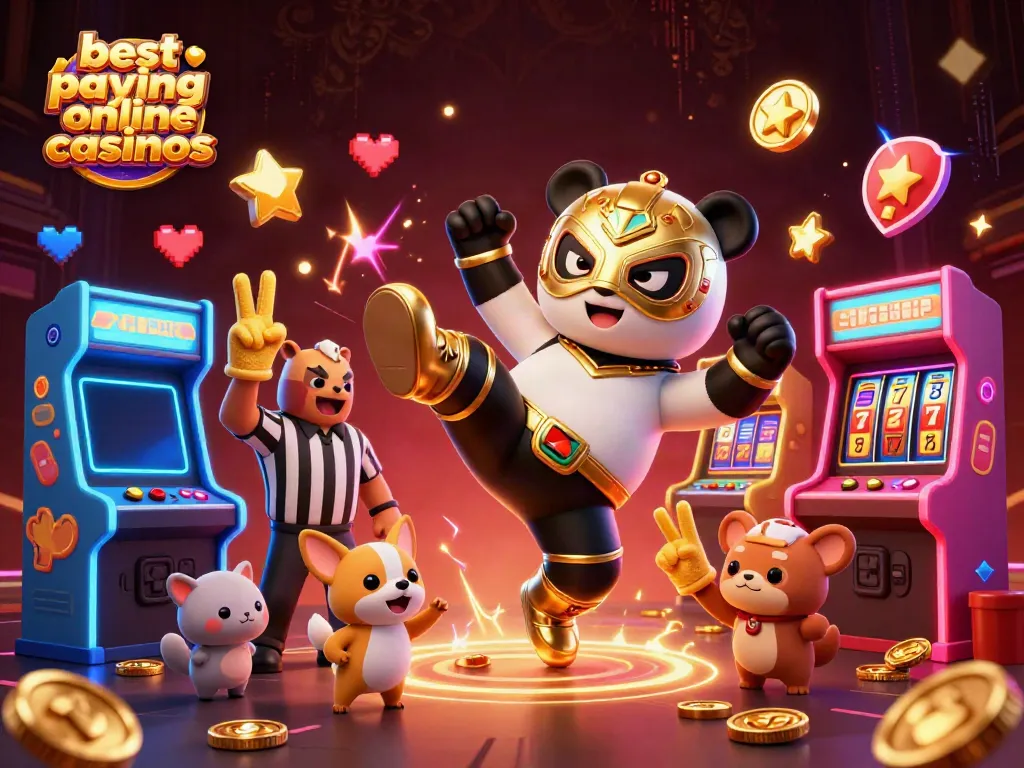 Experience the thrill of the best paying online casinos with cartoon panda wrestler in action surrounded by vibrant casino elements.