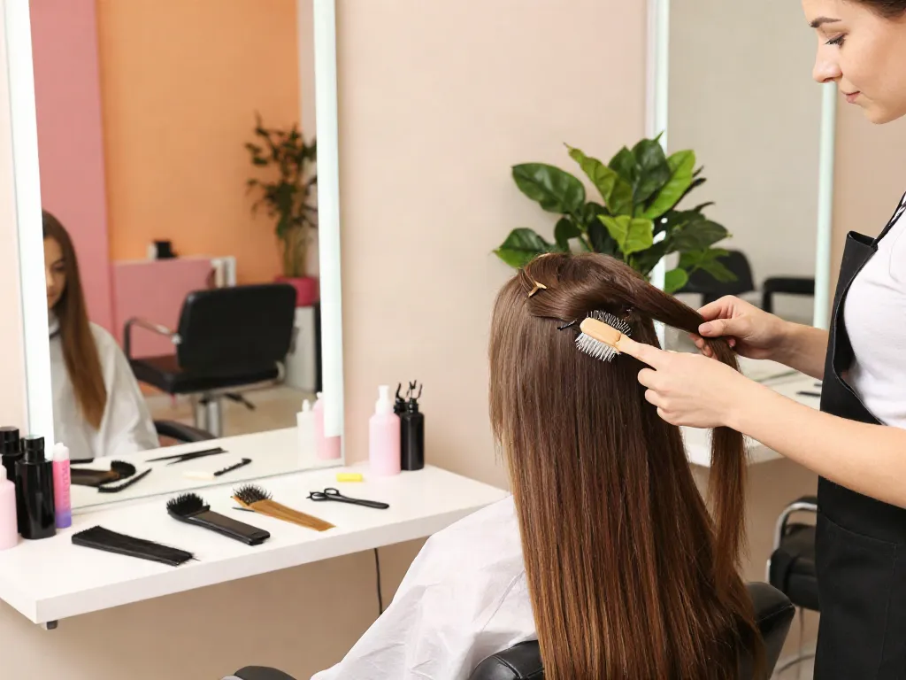 No damage hair extensions being applied in a cozy beauty salon setting with professional tools and vibrant decor.