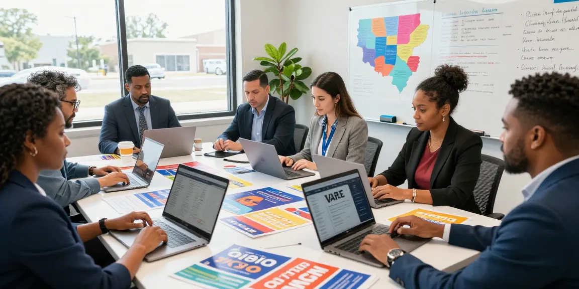 State legislature campaign marketing team strategizing with voter data in a dynamic office.