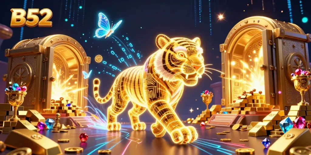 Experience the electrifying B52 casino world with a dazzling golden tiger and treasures.