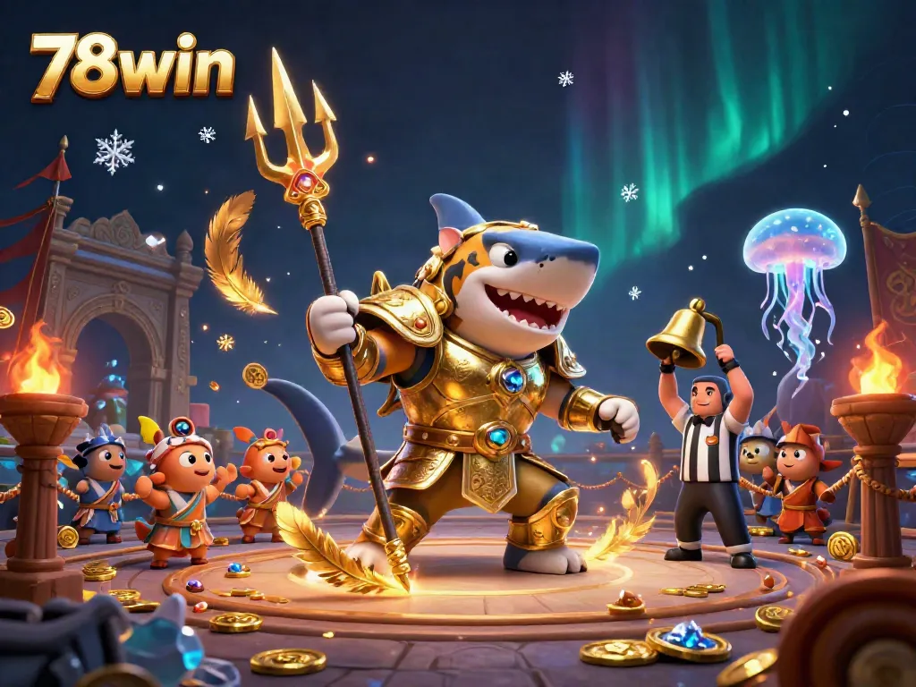 Engage in thrilling underwater gambling with 78win's shark gladiator battling in a vibrant colosseum.