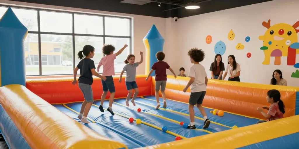 Children enjoying a colorful indoor bounce house, enhancing playtime joy and safety.