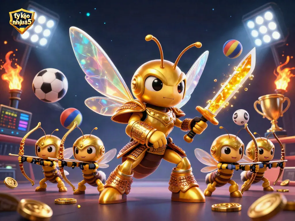 Engaging illustration showcasing tỷ lệ kèo nhà cái 5 with a dynamic sports betting scene featuring cartoon characters and sports elements.