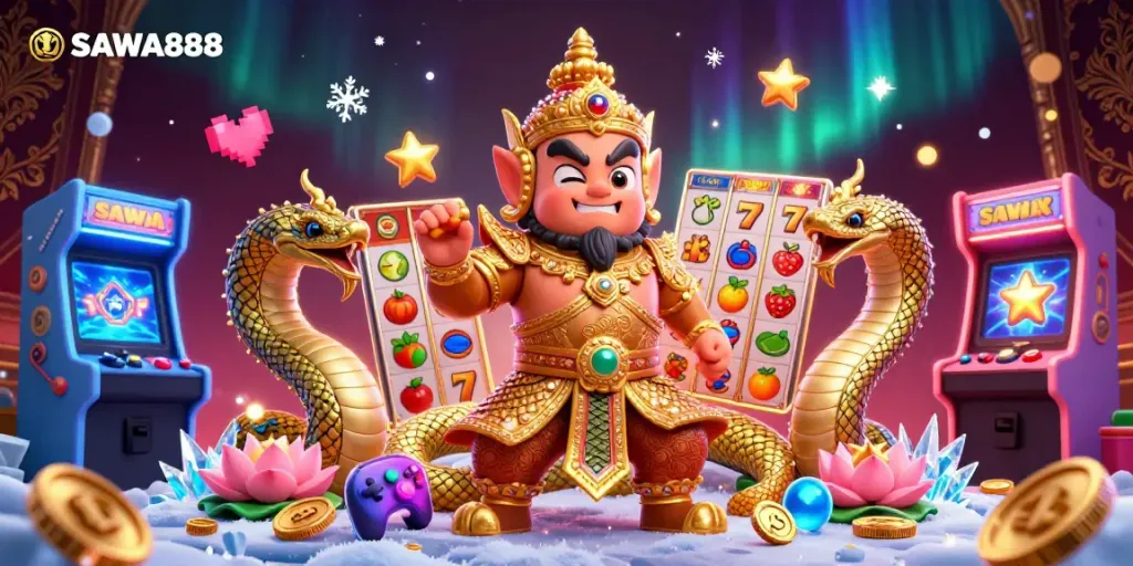 Engage with SAWA888 in an immersive casino scene, showcasing vibrant slots and gaming elements.