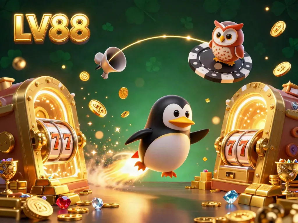 Experience the thrill of LV88 with a golden penguin soaring towards a jackpot casino space station.