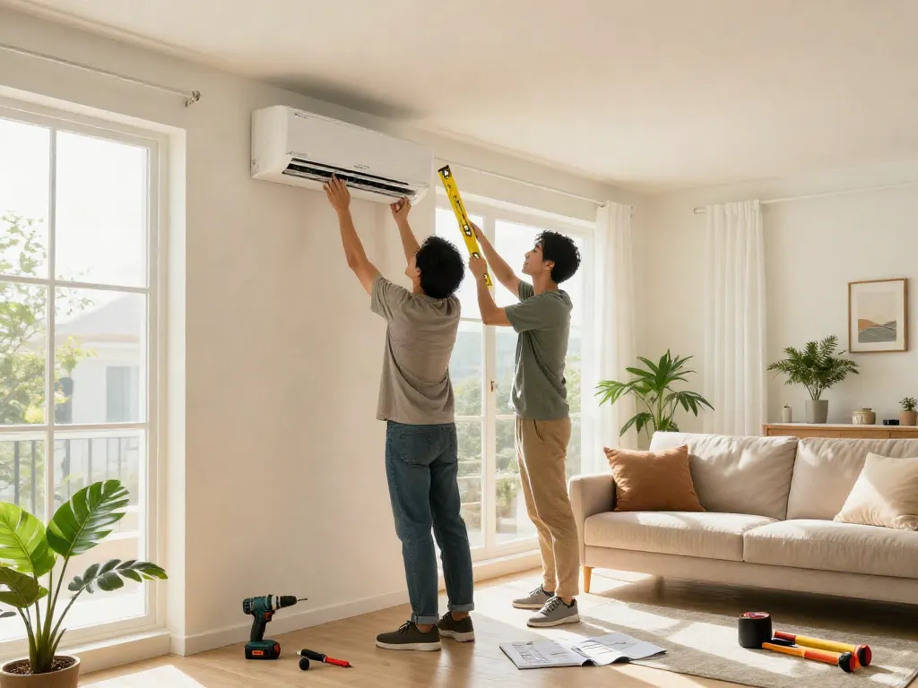 Couple installing a mini split air conditioner in a modern living room.