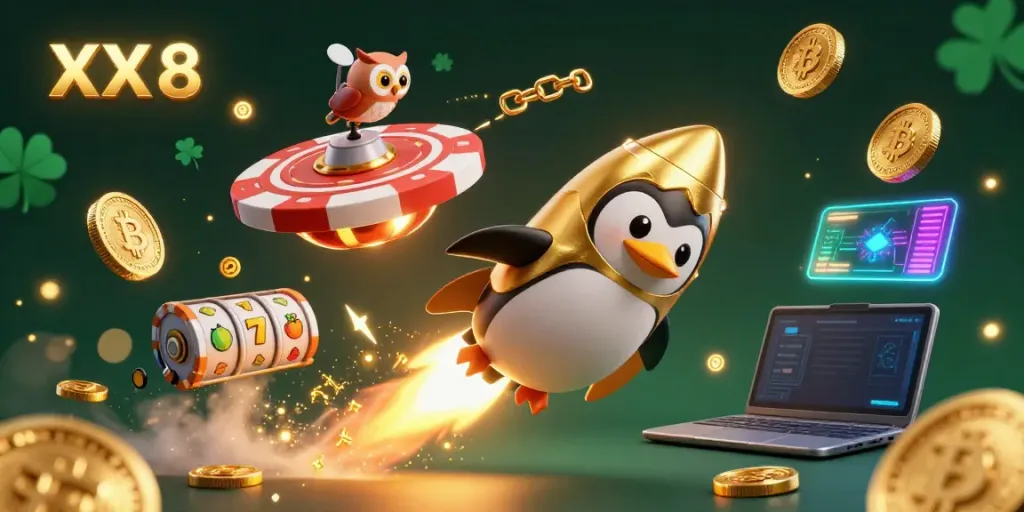 Experience the thrill of XX 8 with a golden penguin soaring past vibrant casino symbols.