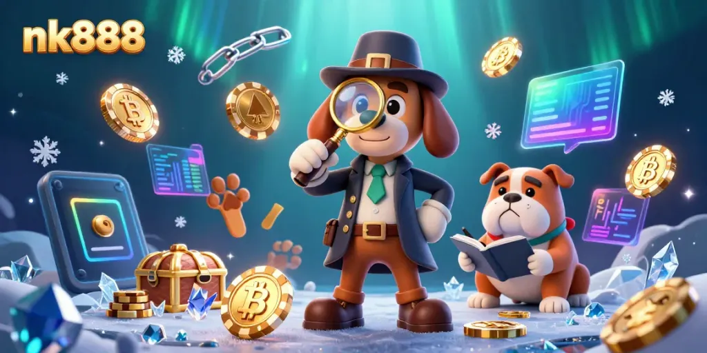 Engage with nk888 through an exciting 3D illustration of a detective and his bulldog discovering casino treasures amidst vibrant crypto elements.