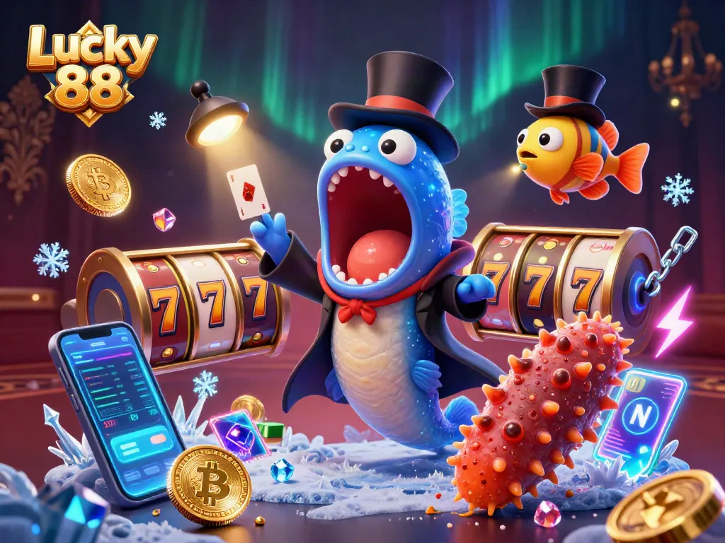Spin to win with Lucky 88 at a vibrant casino scene featuring fun characters and lots of action!