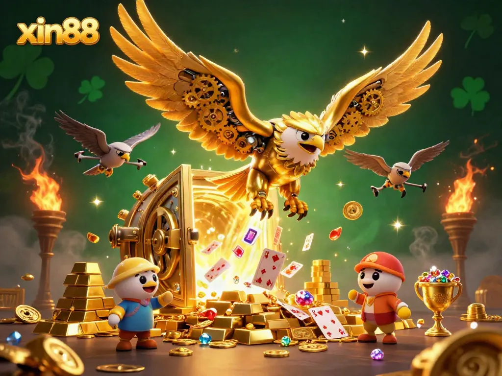 Experience thrilling wins at xin88 with an epic golden eagle soaring through a vibrant casino scene.