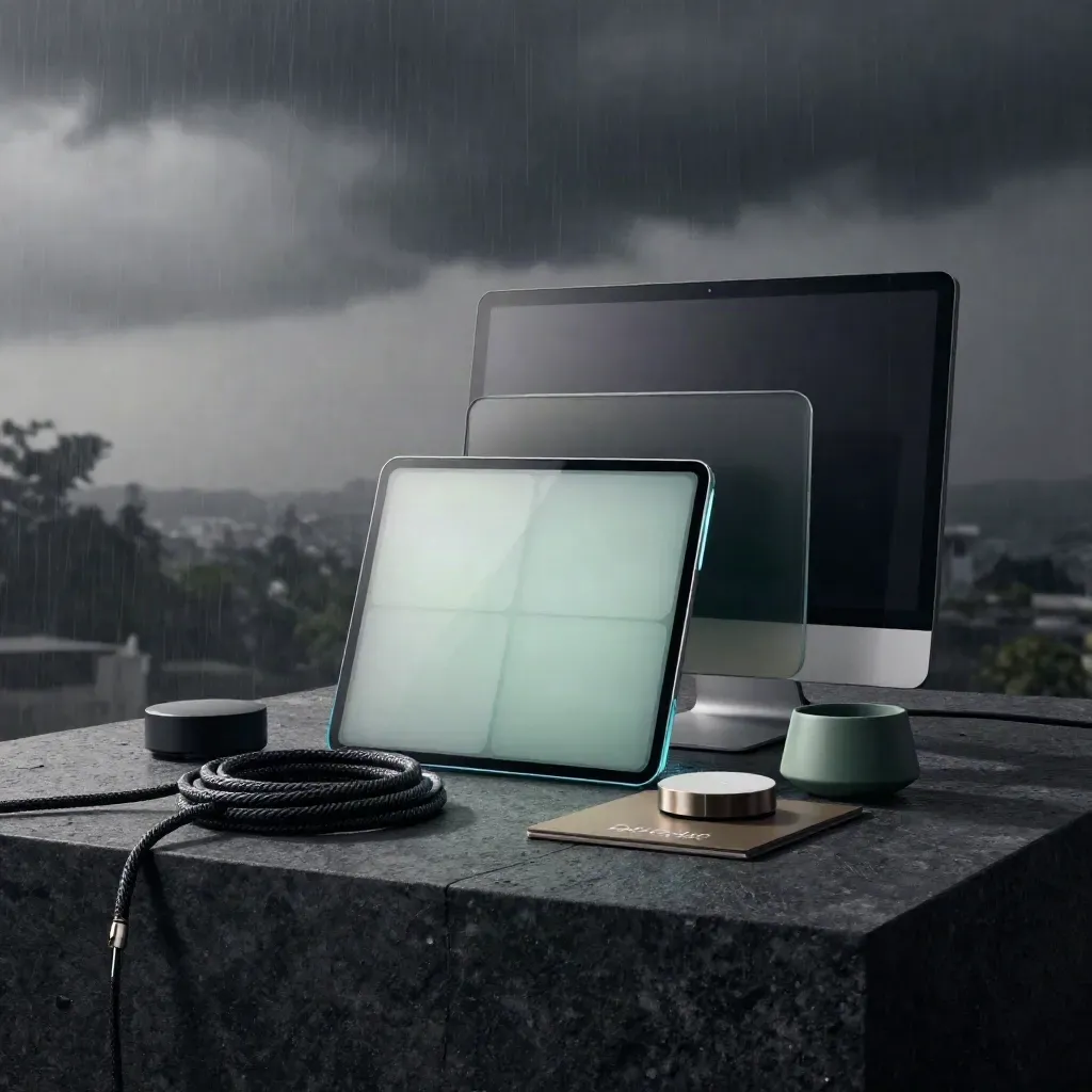 Glass chat tablet, monitor, booking puck and cables on dark stone in stormy blue hour light.
