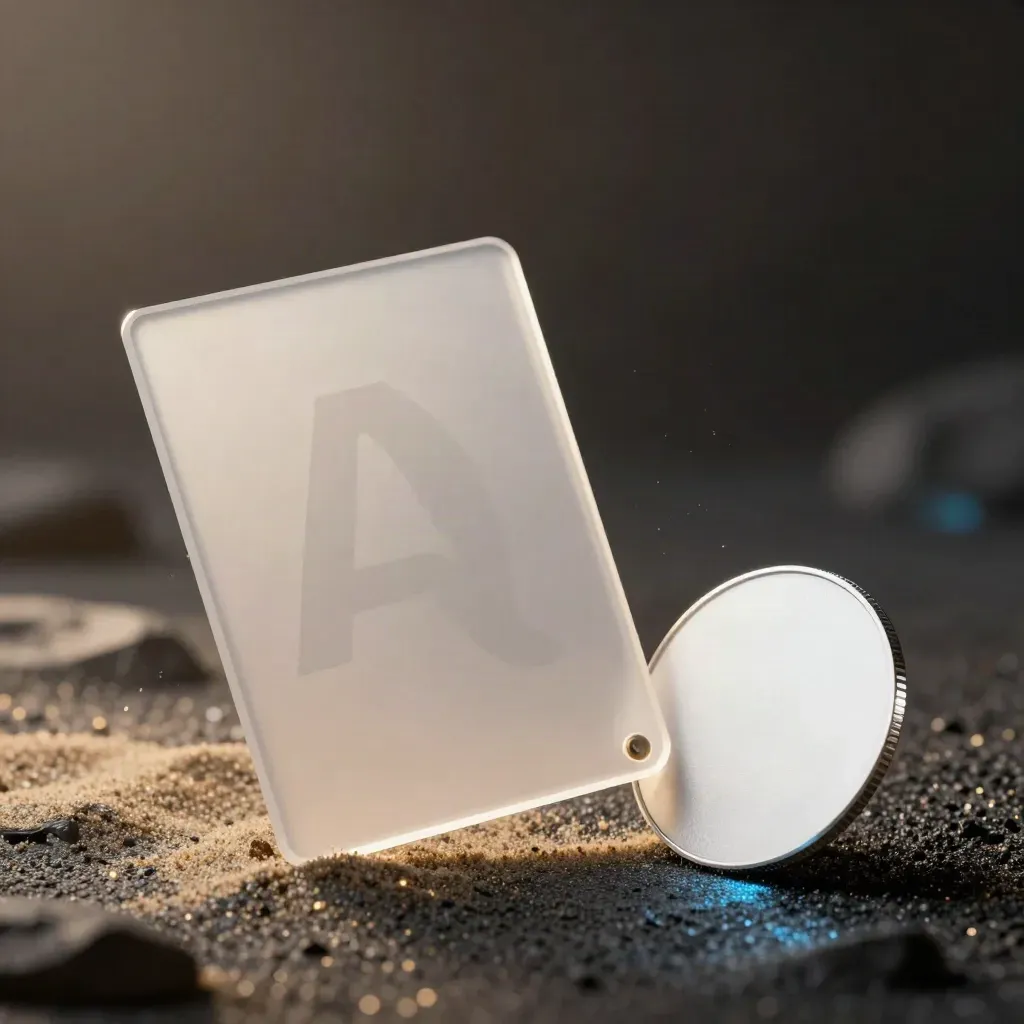 Extreme macro of a translucent FAQ bot module, manual card and reflector disc on dark resin.