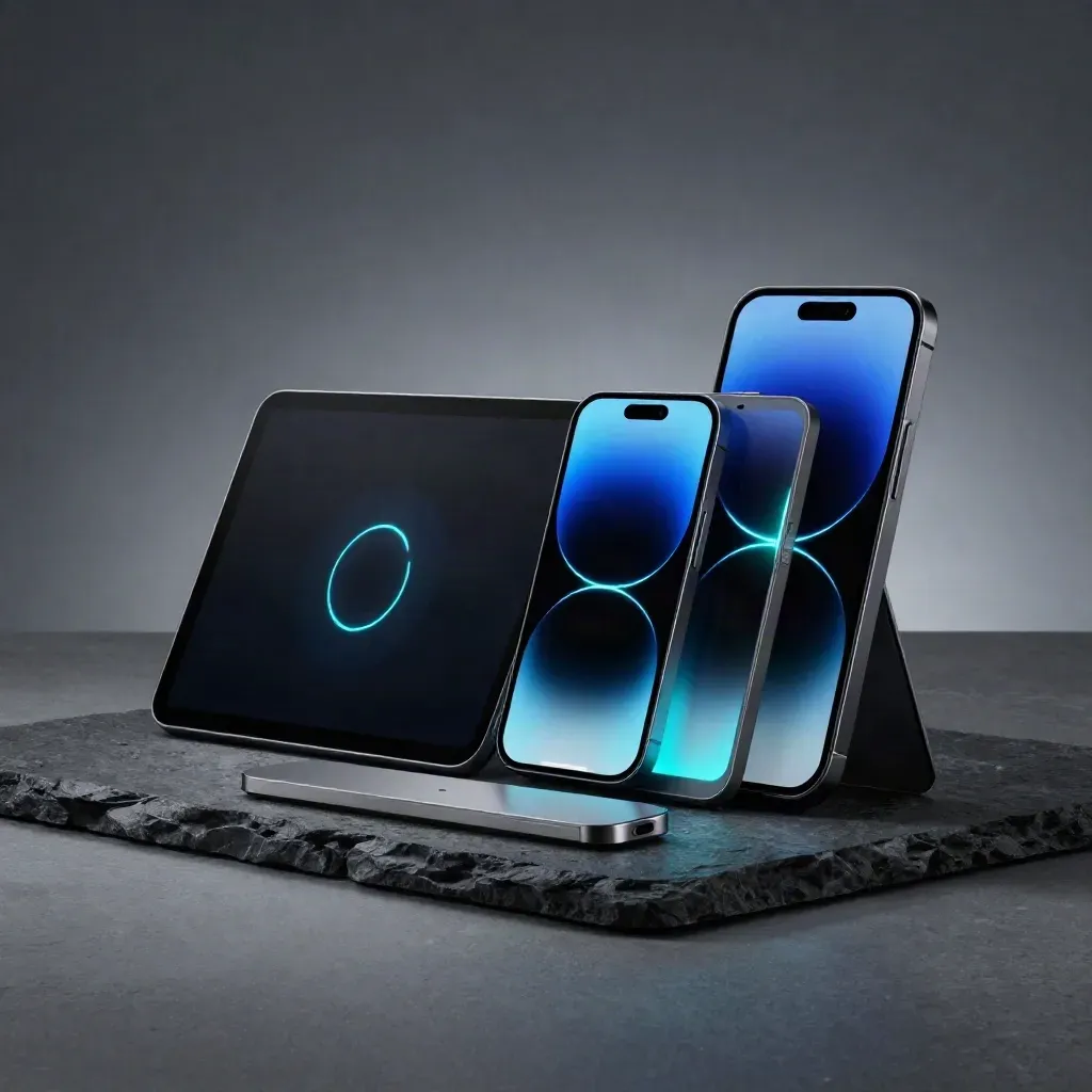 Three matte SaaS devices glow on a dark stone slab with synced cyan activation light.