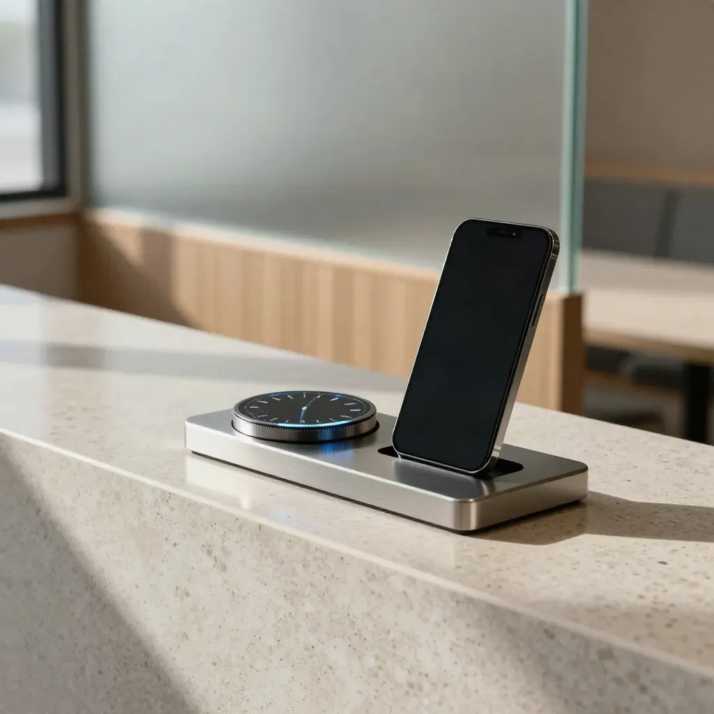 Booking console, phone companion, and metal dock on travertine in soft window light.
