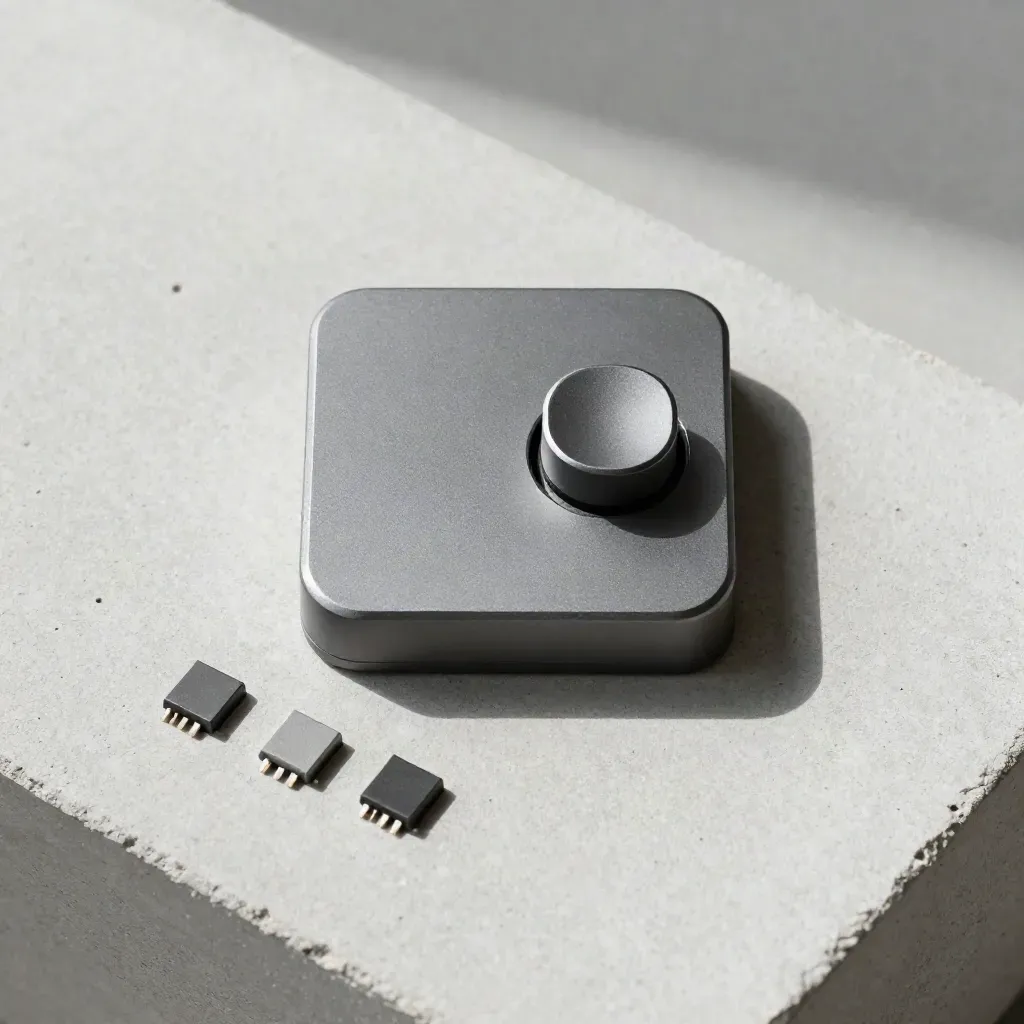Overhead flatlay of a lead capture widget core with toggle module and two chips on pale concrete.