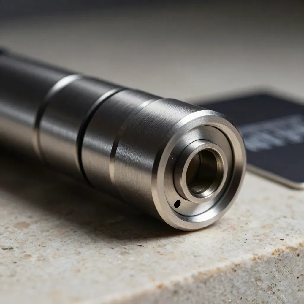 Brushed-metal sync cradle with paired data slats and contact hub on travertine, softly lit macro.