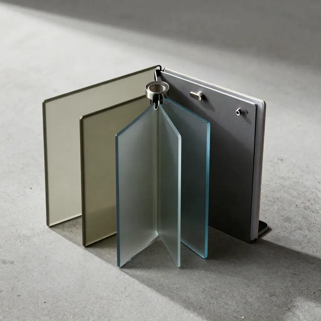 Overhead flatlay of frosted answer-bank panels and a brushed indexing ring on pale concrete.