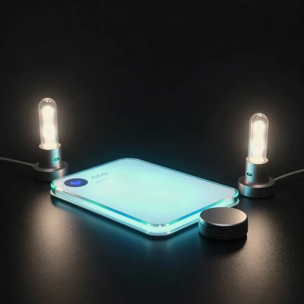 Glowing chatbot launch bundle with booking and alert modules on a dark studio surface.