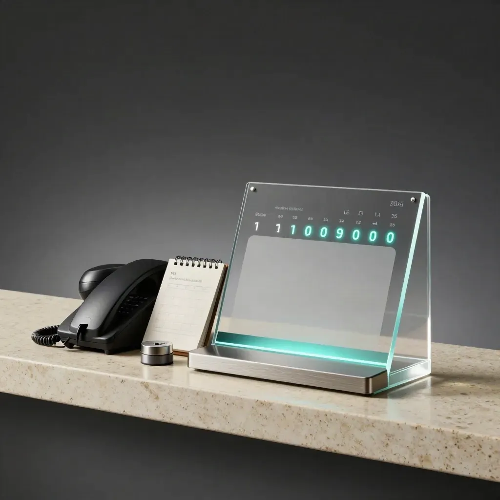 Glassy booking station, desk phone and calendar puck on travertine, glowing cyan in a dark studio