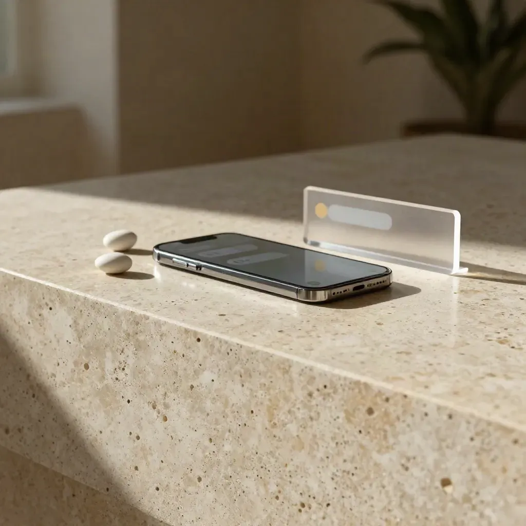 Travertine surface with a blurred phone and stone alcove in soft morning light.