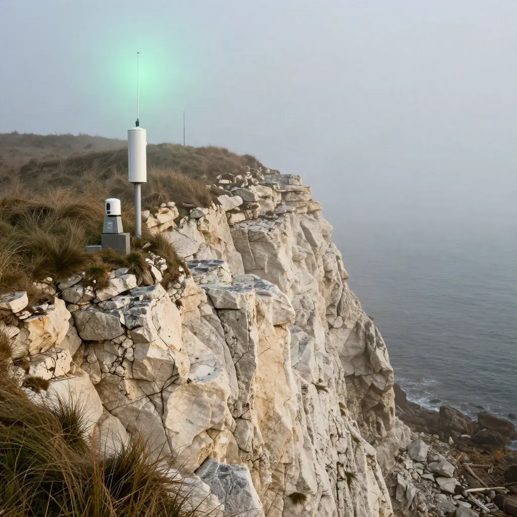 Misty coastal bluff with subtle signal beacons above a calm foggy sea