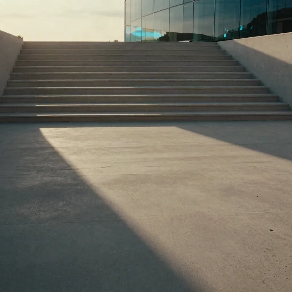 Sunlit concrete courtyard with arched shadows, pale steps, and a reflective glass plane.