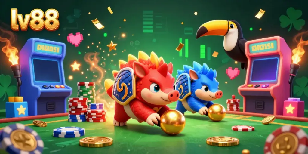 Experience thrilling casino gameplay with lv88's rival pangolins rolling through poker chips, overseen by a toucan referee.