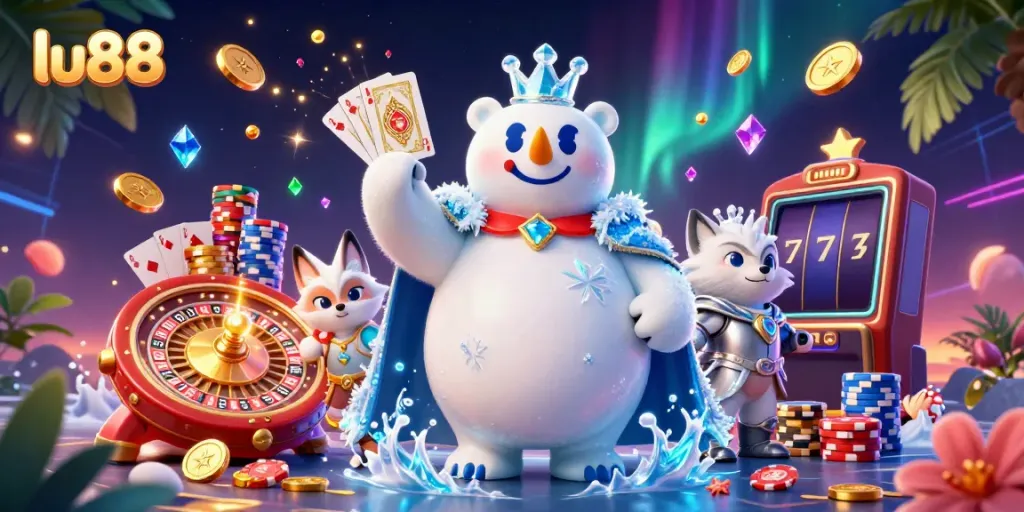 Experience exciting gameplay at lu88 with dynamic casino-themed illustration featuring a cartoon ice king polar bear and snow fox.