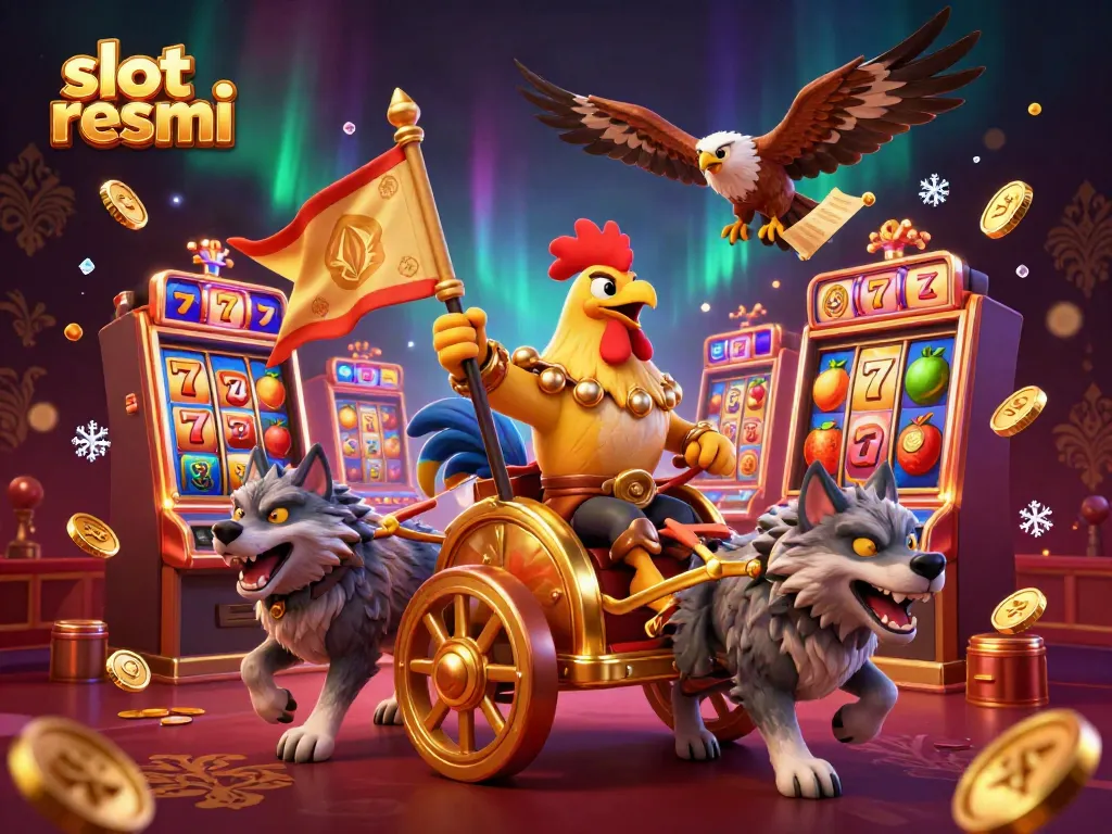 Engaging illustration of a rooster warlord in a casino setting promoting slot resmi excitement and rewards.