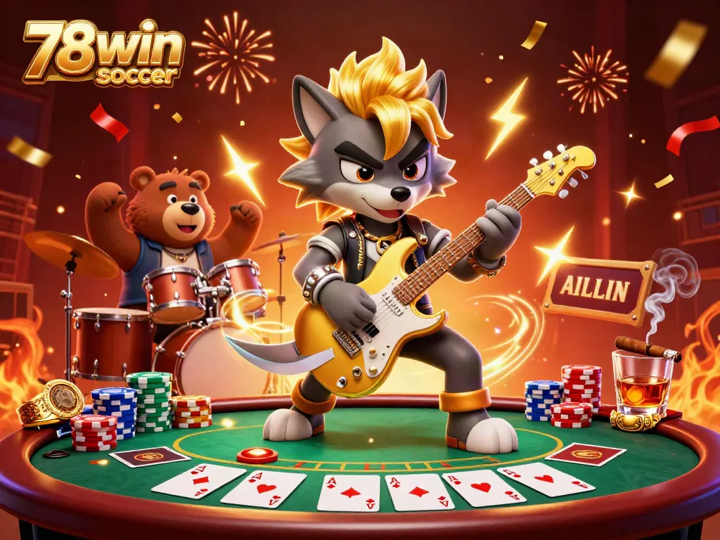 Engage in games at 78win soccer, featuring a vibrant casino atmosphere with a rock star wolf and drummer bear.
