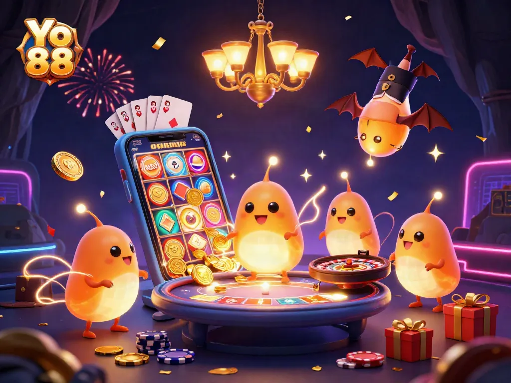 Engage with Yo 88's colorful casino game scene featuring glowworms and vibrant slot elements.