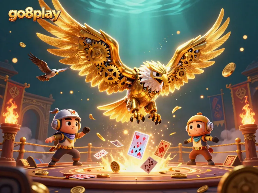 Experience thrilling gameplay with go8play as the cybernetic eagle dives through holographic cards in a vibrant casino.