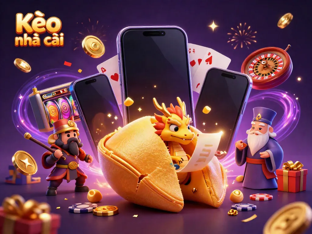 Engage with Kèo nhà cái through a vibrant scene of a magical casino atmosphere filled with fortune cookies and gold.