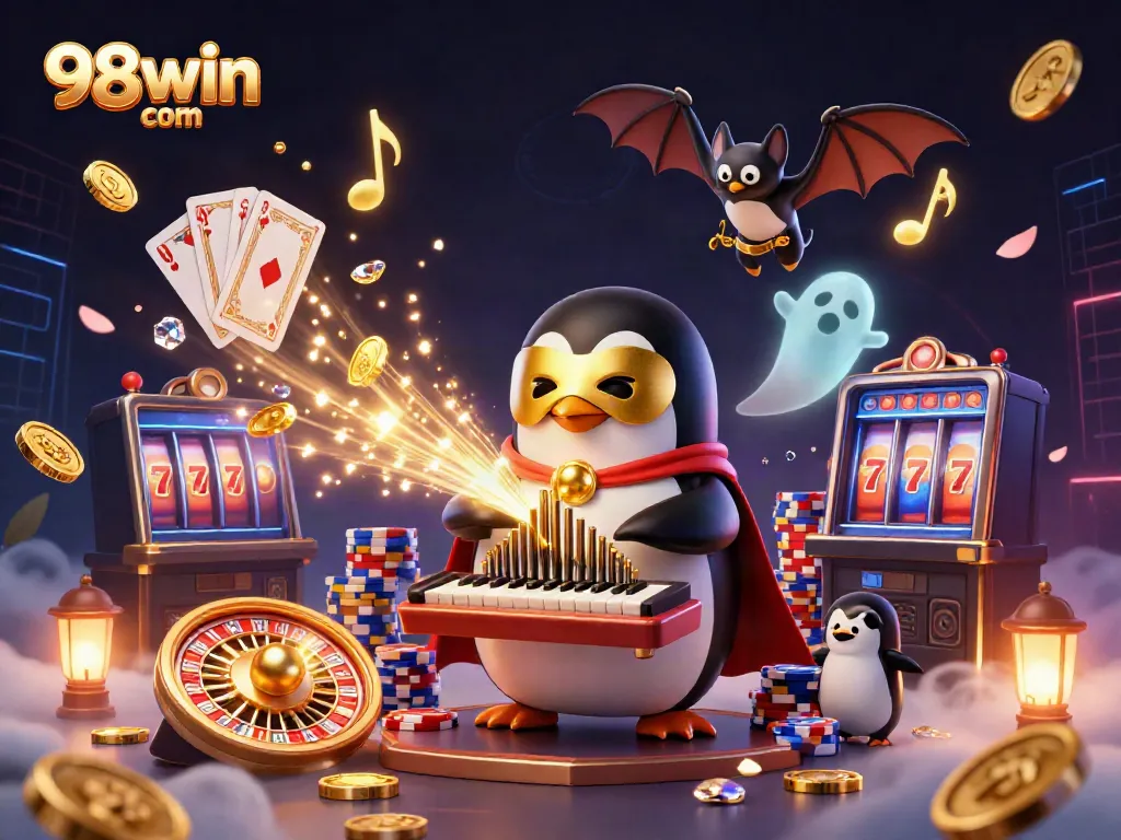 Engage with 98win com as a penguin organist releases coins, set in a luminous casino scene.