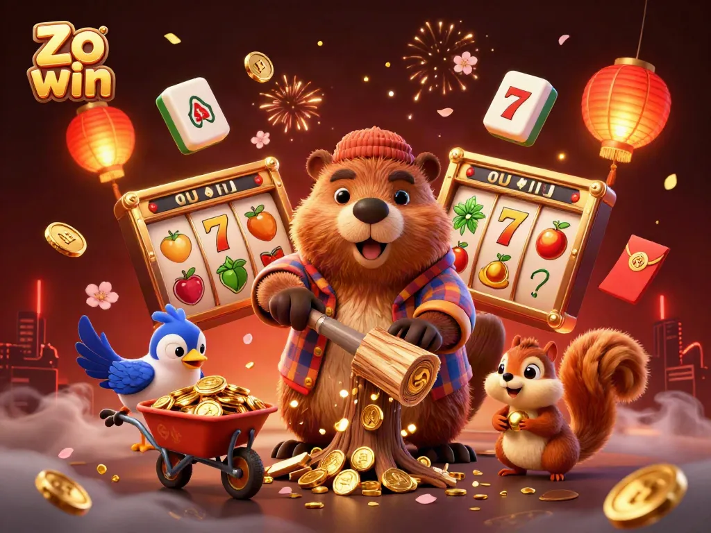 Win big with Zo win in this vibrant casino scene featuring playful characters and joyous elements!