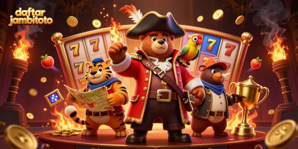 Engage with daftar jambitoto at a vibrant casino scene featuring cartoon characters, slots, and trophies.