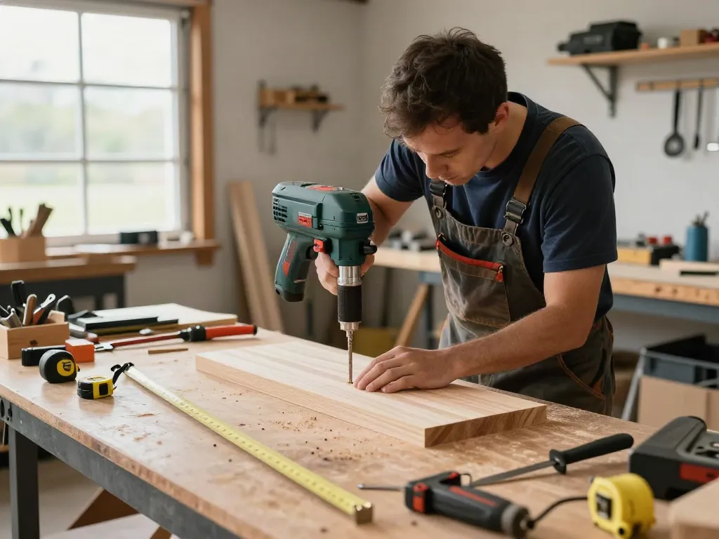 Woodworker using a Bosch drill press for precise drilling in a bright workshop.