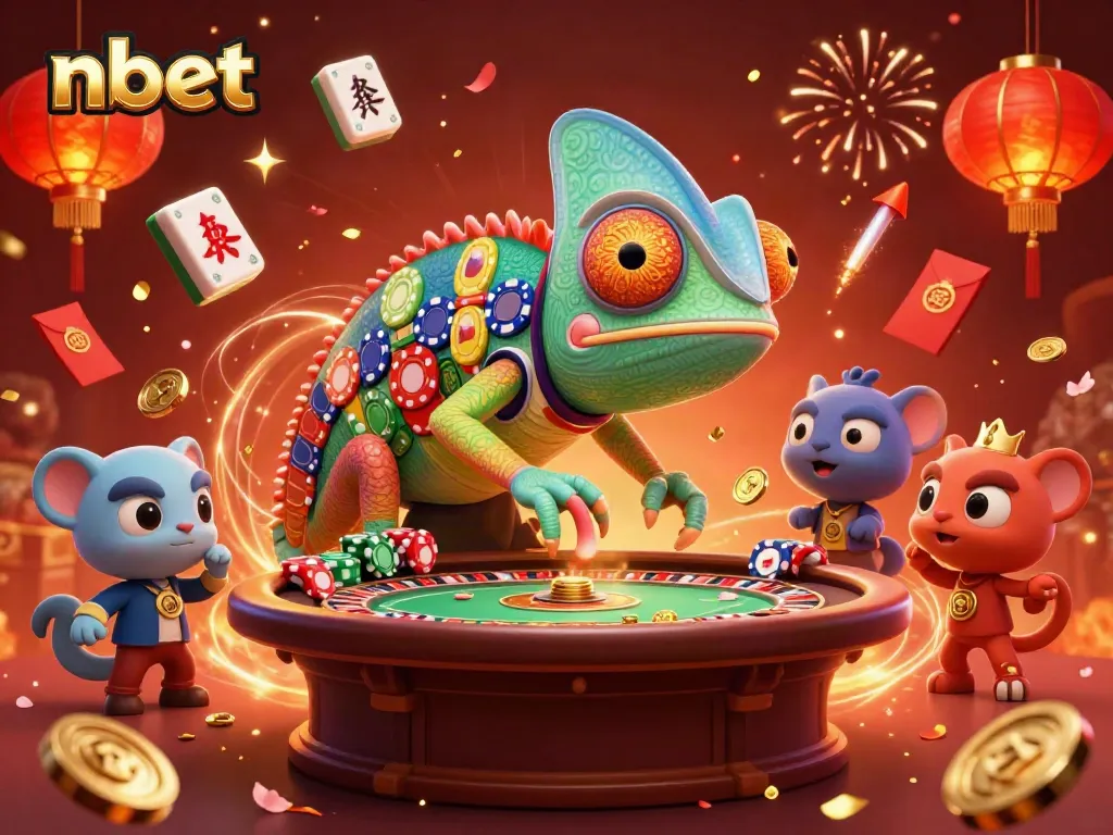 Engage with nbet's exciting gaming world featuring a colorful chameleon casino owner and vibrant elements.
