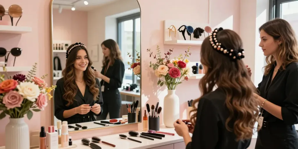 Woman wearing stylish hair toppers browsing accessories in a boutique.